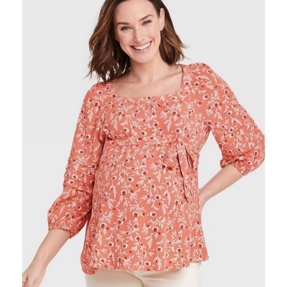 Isabel Maternity 3/4 sleeve front tie Floral Blouse Peach Size XS